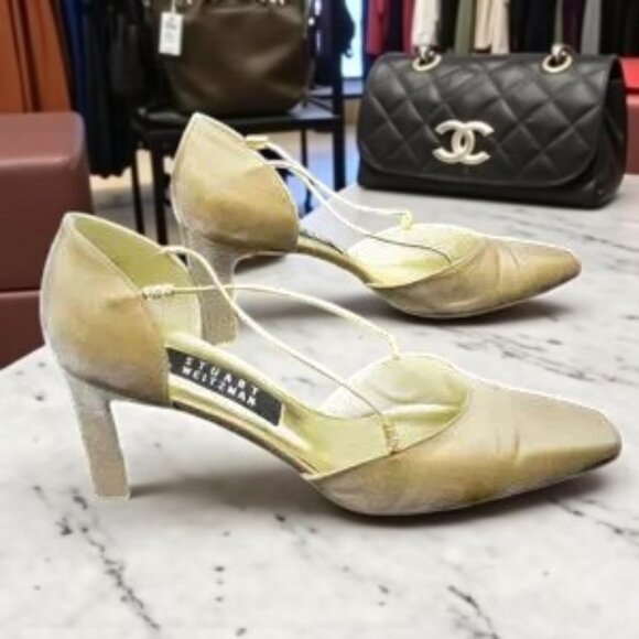 Stuart Weitzman Gold Lame & Rhinestone Mid Heel Formal - Picture 3 of 12